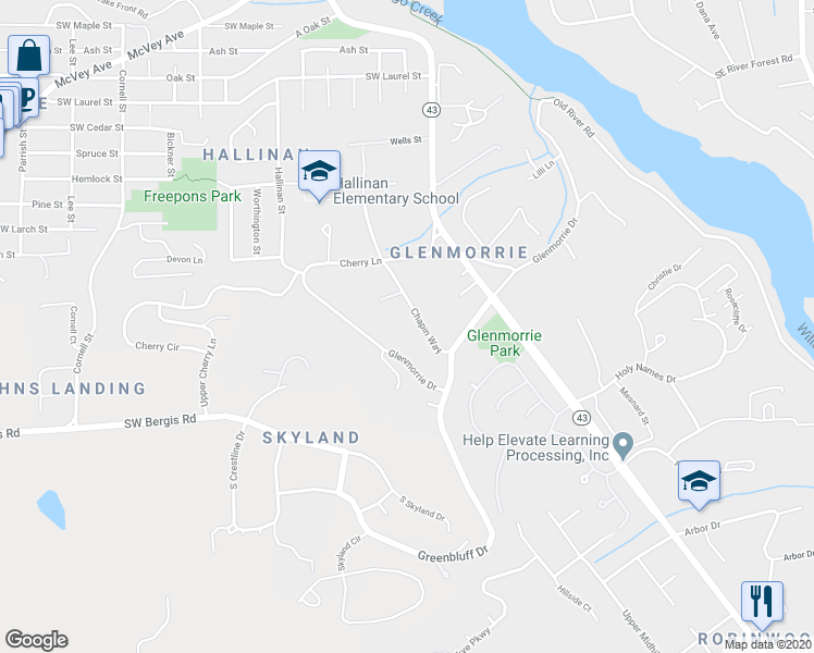 map of restaurants, bars, coffee shops, grocery stores, and more near 17177 Chapin Way in Lake Oswego