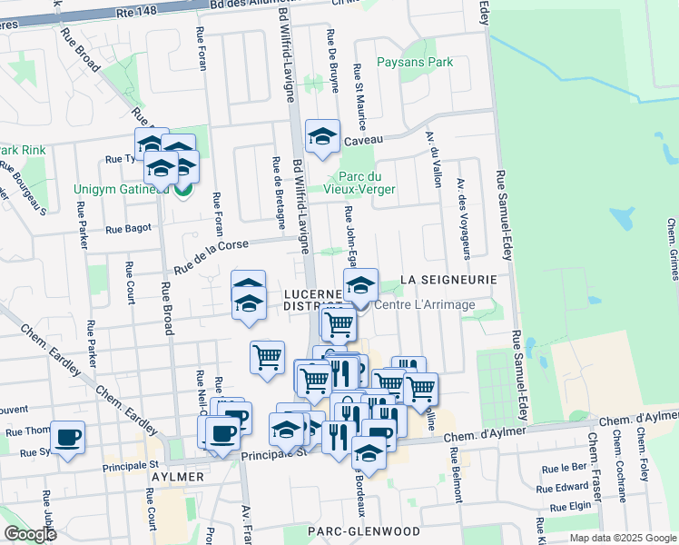 map of restaurants, bars, coffee shops, grocery stores, and more near 488 Rue de Neuchâtel in Gatineau