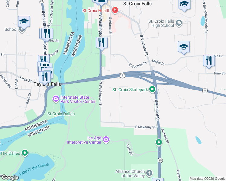 map of restaurants, bars, coffee shops, grocery stores, and more near 132 Alabama Street in Saint Croix Falls