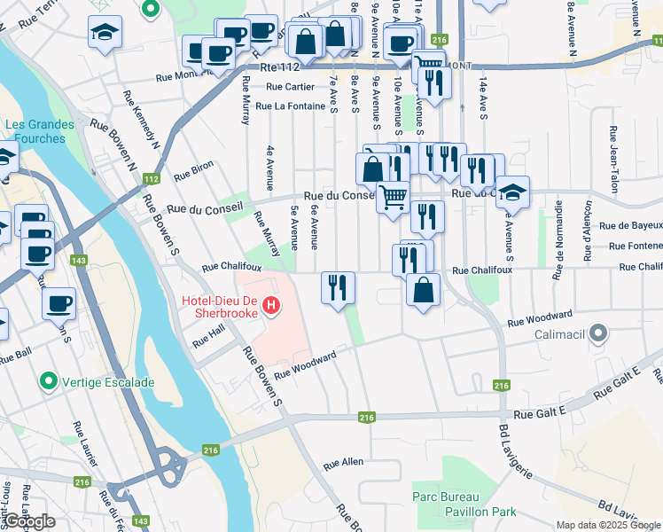 map of restaurants, bars, coffee shops, grocery stores, and more near 581 Rue Chalifoux in Sherbrooke