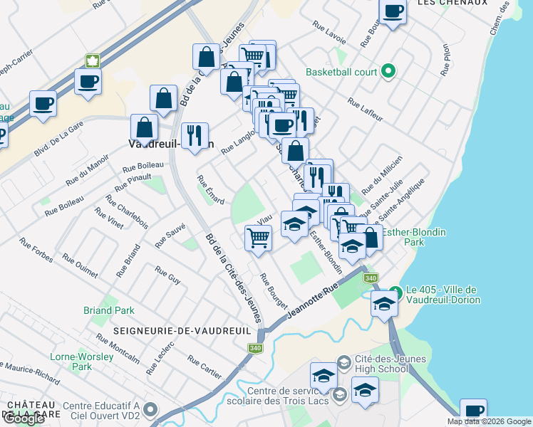 map of restaurants, bars, coffee shops, grocery stores, and more near 15 Rue Viau in Vaudreuil-Dorion