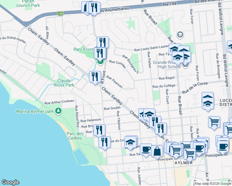 map of restaurants, bars, coffee shops, grocery stores, and more near 90 Chemin Eardley in Gatineau