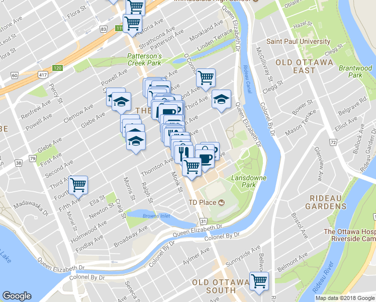 map of restaurants, bars, coffee shops, grocery stores, and more near 18 Regent Street in Ottawa