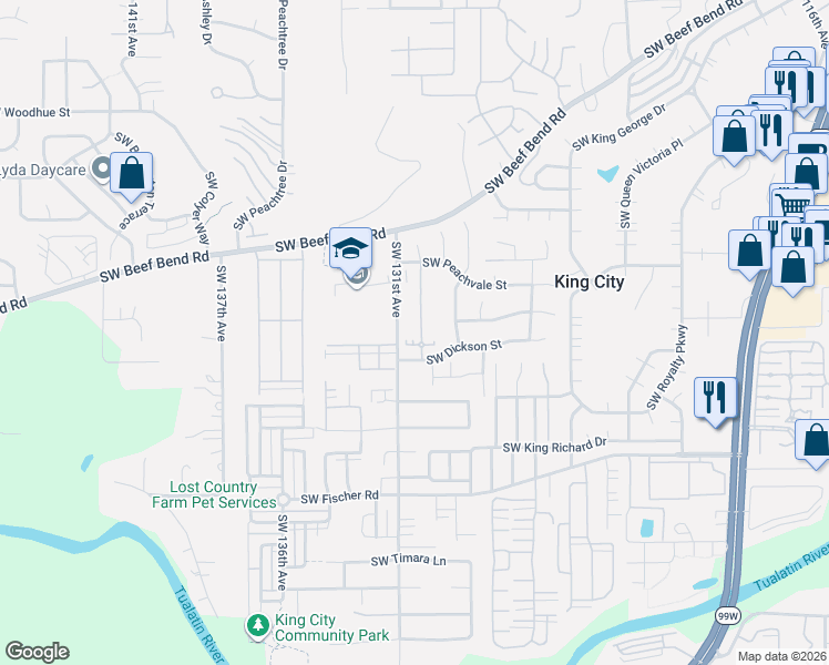 map of restaurants, bars, coffee shops, grocery stores, and more near 16277 Southwest 130th Terrace in King City