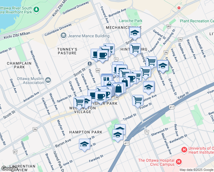 map of restaurants, bars, coffee shops, grocery stores, and more near in Ottawa
