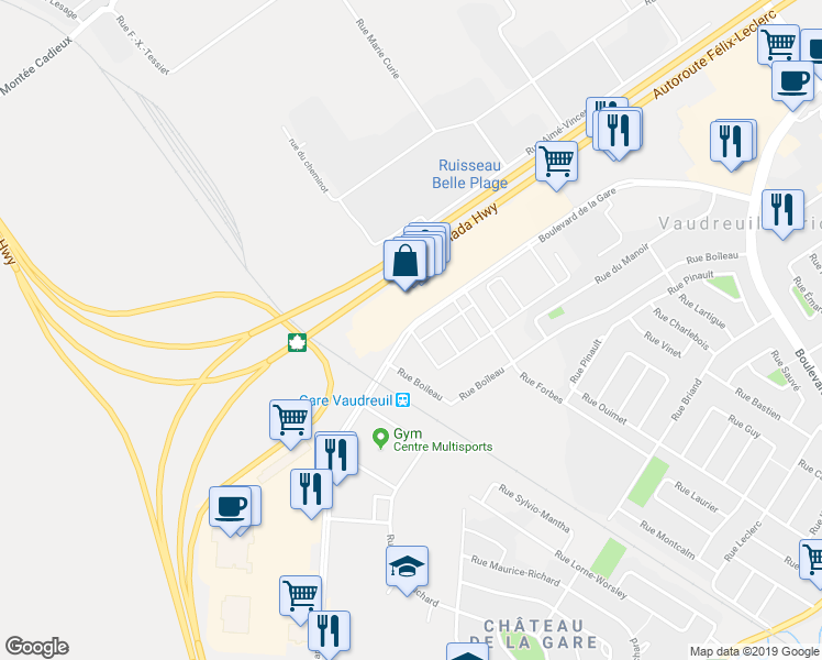 map of restaurants, bars, coffee shops, grocery stores, and more near 3107 Boulevard de la Gare in Vaudreuil-Dorion