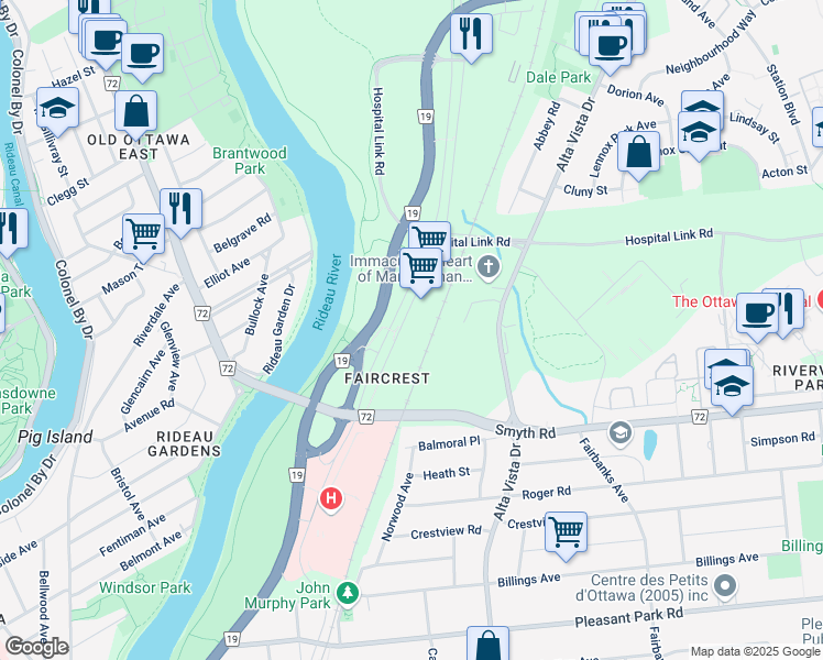 map of restaurants, bars, coffee shops, grocery stores, and more near 1785 Riverside Drive in Ottawa