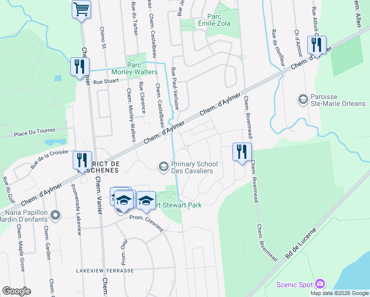 map of restaurants, bars, coffee shops, grocery stores, and more near Rue Nancy-Elliott in Gatineau