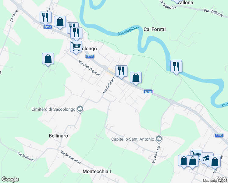 map of restaurants, bars, coffee shops, grocery stores, and more near 5 Via Bellinaro in Saccolongo