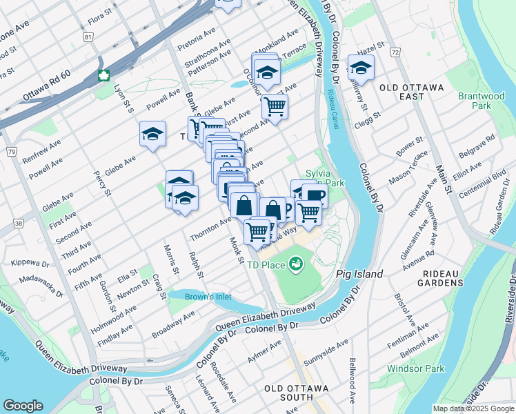 map of restaurants, bars, coffee shops, grocery stores, and more near 6 Regent Street in Ottawa