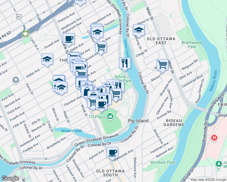 map of restaurants, bars, coffee shops, grocery stores, and more near 9 Holmwood Avenue in Ottawa