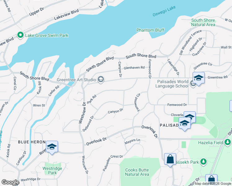 map of restaurants, bars, coffee shops, grocery stores, and more near 2584 Park Road in Lake Oswego
