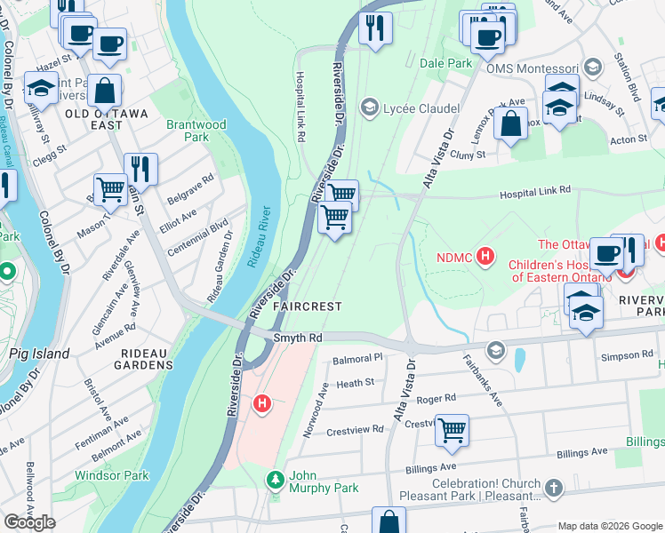 map of restaurants, bars, coffee shops, grocery stores, and more near 1785 Frobisher Lane in Ottawa