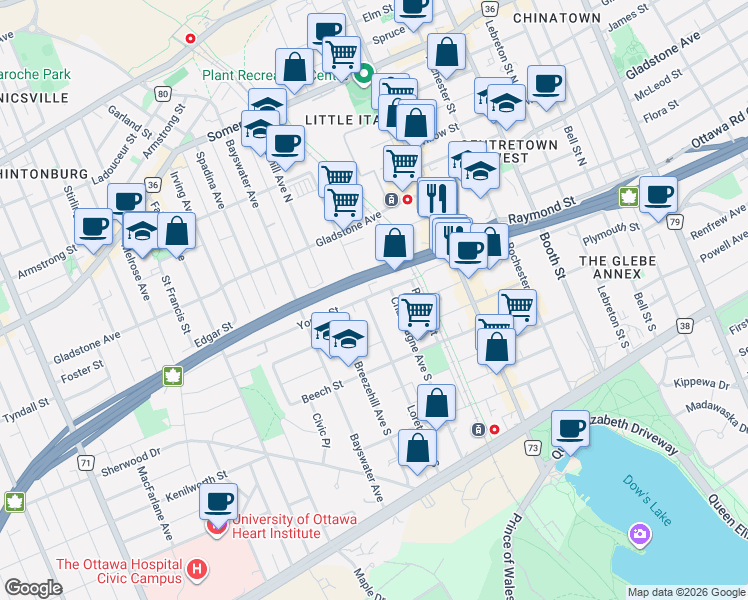 map of restaurants, bars, coffee shops, grocery stores, and more near in Ottawa