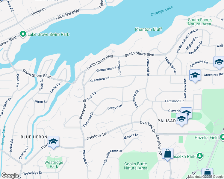 map of restaurants, bars, coffee shops, grocery stores, and more near 2600 Park Road in Lake Oswego