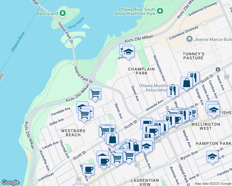 map of restaurants, bars, coffee shops, grocery stores, and more near 196 Island Park Drive in Ottawa