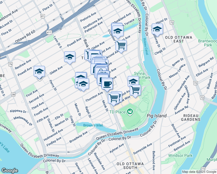map of restaurants, bars, coffee shops, grocery stores, and more near 25 Regent Street in Ottawa