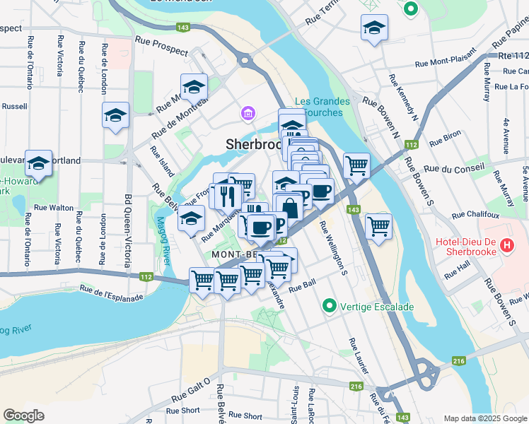 map of restaurants, bars, coffee shops, grocery stores, and more near 83 Rue de la Cathédrale in Sherbrooke