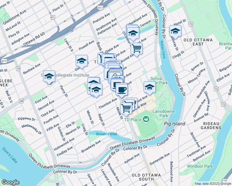 map of restaurants, bars, coffee shops, grocery stores, and more near in Ottawa