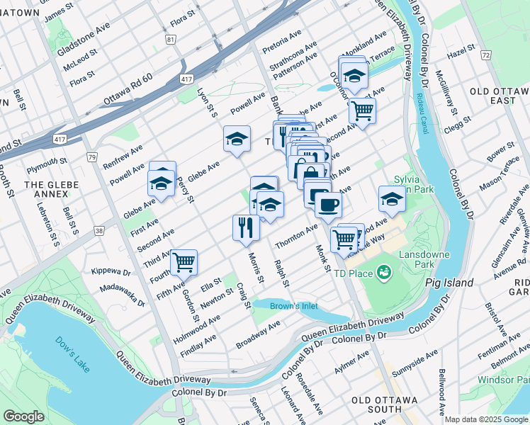 map of restaurants, bars, coffee shops, grocery stores, and more near 157 Fourth Avenue in Ottawa