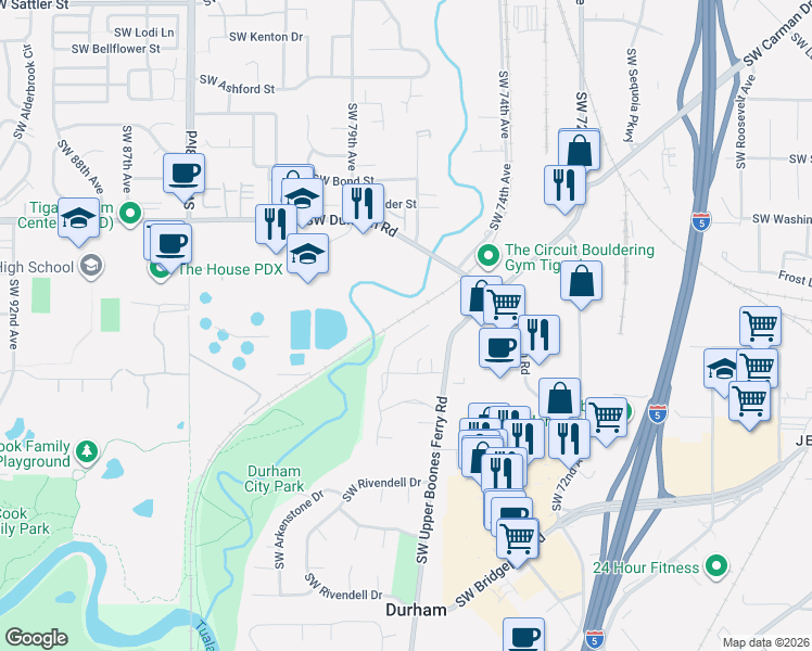 map of restaurants, bars, coffee shops, grocery stores, and more near 16425 Southwest Cambridge Lane in Portland