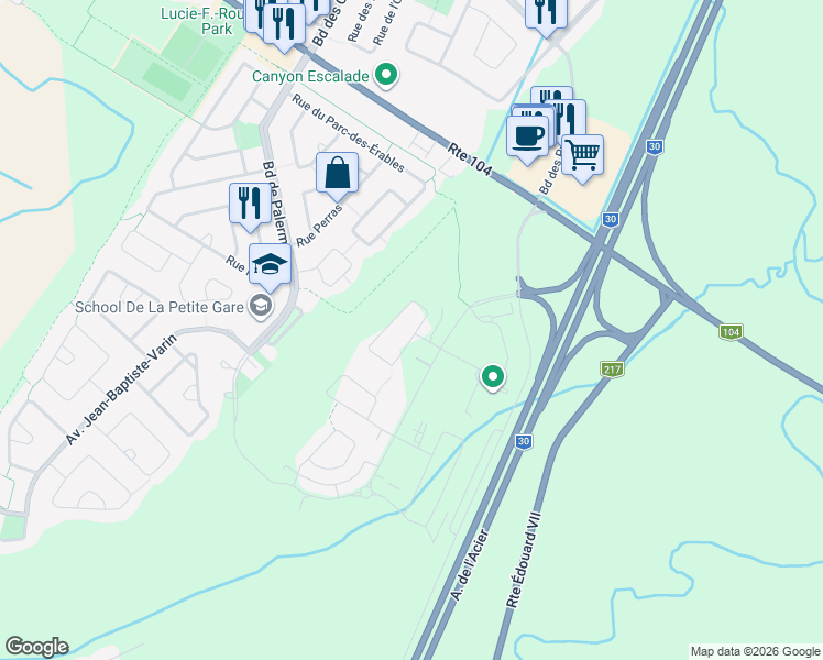 map of restaurants, bars, coffee shops, grocery stores, and more near 100 Rue du Damier-Argenté in La Prairie