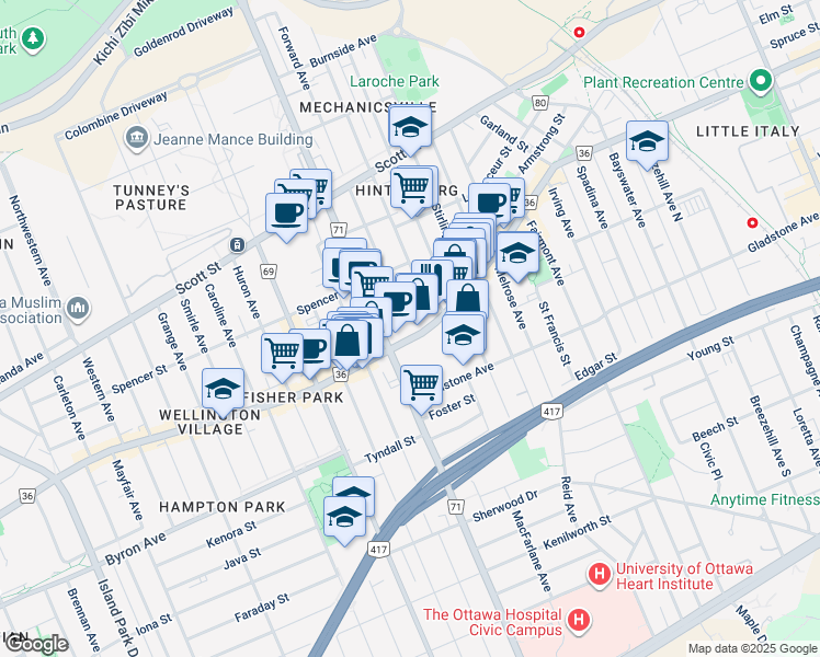 map of restaurants, bars, coffee shops, grocery stores, and more near in Ottawa