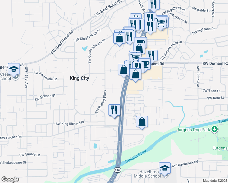 map of restaurants, bars, coffee shops, grocery stores, and more near 11940 Southwest King James Place in King City