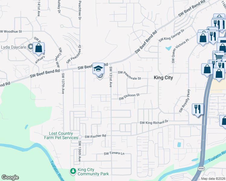 map of restaurants, bars, coffee shops, grocery stores, and more near 16277 Southwest 130th Terrace in King City