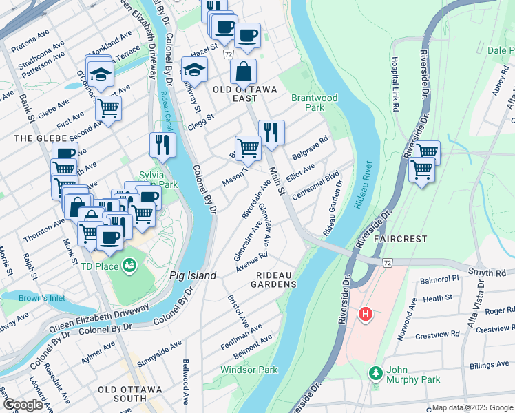 map of restaurants, bars, coffee shops, grocery stores, and more near 19 Riverdale Avenue in Ottawa