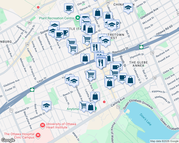 map of restaurants, bars, coffee shops, grocery stores, and more near 40 Young Street in Ottawa