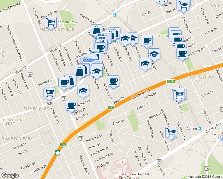 map of restaurants, bars, coffee shops, grocery stores, and more near 83 Fairmont Avenue in Ottawa
