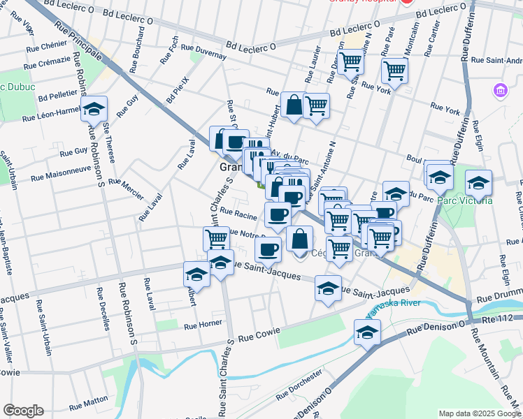 map of restaurants, bars, coffee shops, grocery stores, and more near 20 Rue Brébeuf in Granby