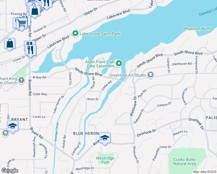 map of restaurants, bars, coffee shops, grocery stores, and more near 17210 Cedar Road in Lake Oswego