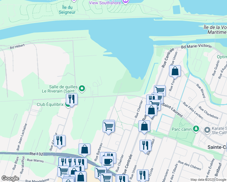 map of restaurants, bars, coffee shops, grocery stores, and more near 1100 Rue Barbeau in Sainte-Catherine