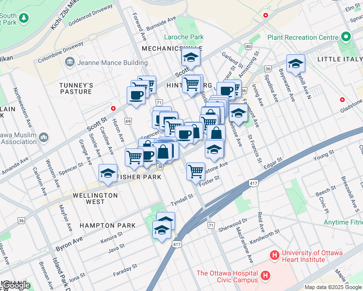 map of restaurants, bars, coffee shops, grocery stores, and more near in Ottawa