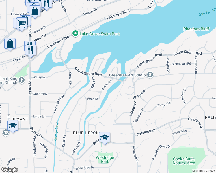 map of restaurants, bars, coffee shops, grocery stores, and more near 17210 Cedar Road in Lake Oswego