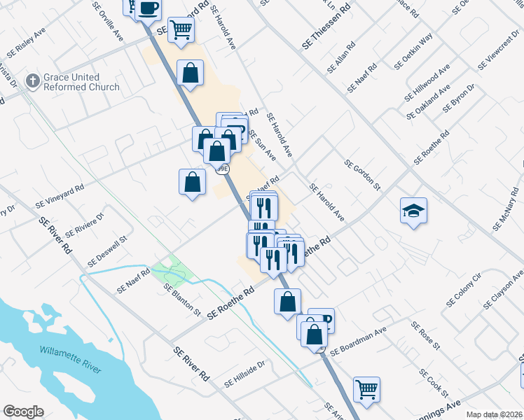 map of restaurants, bars, coffee shops, grocery stores, and more near 16800 Southeast McLoughlin Boulevard in Milwaukie