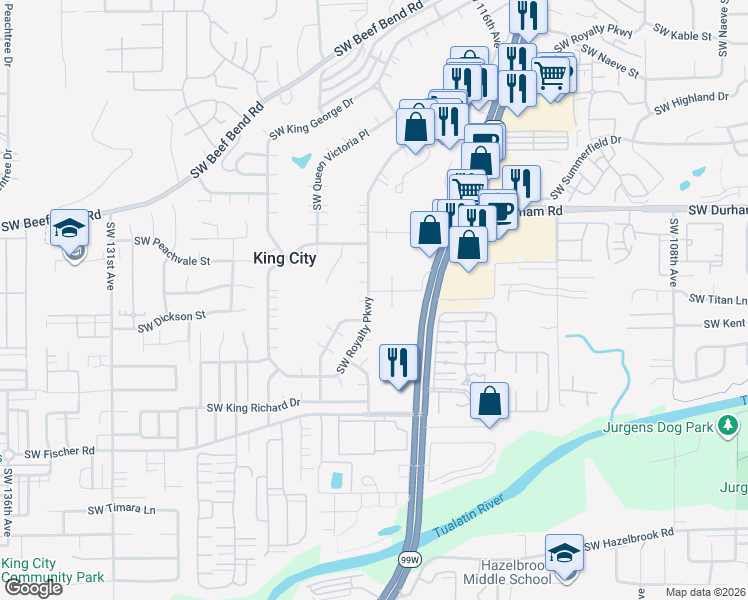 map of restaurants, bars, coffee shops, grocery stores, and more near 16470 Southwest Royalty Parkway in King City