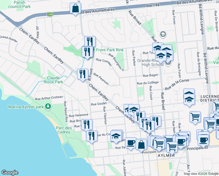 map of restaurants, bars, coffee shops, grocery stores, and more near 89 Rue Pearson in Gatineau