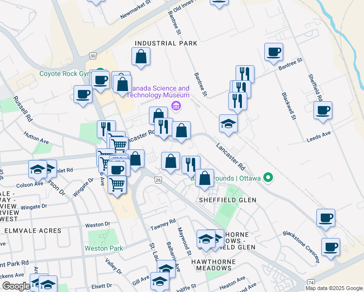 map of restaurants, bars, coffee shops, grocery stores, and more near 57 Lancaster Road in Ottawa