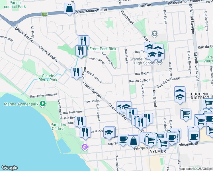 map of restaurants, bars, coffee shops, grocery stores, and more near 91 Rue Pearson in Gatineau