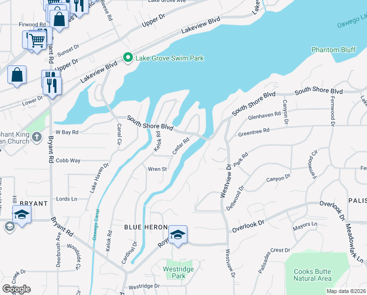 map of restaurants, bars, coffee shops, grocery stores, and more near 17171 Cedar Road in Lake Oswego