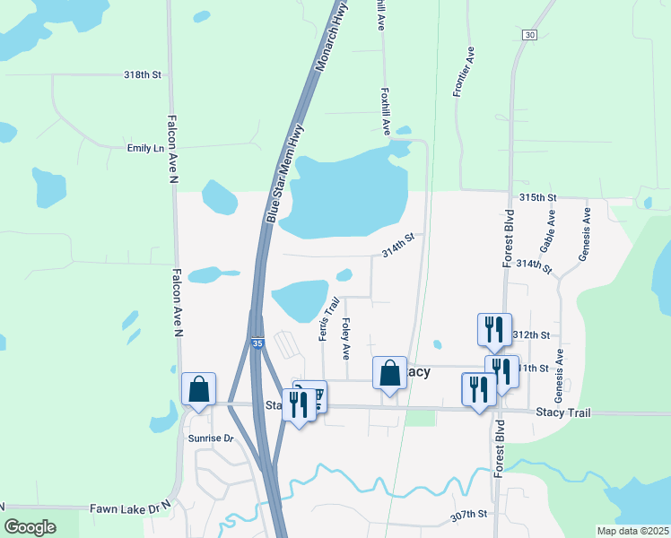 map of restaurants, bars, coffee shops, grocery stores, and more near 5690 314th Street in Stacy
