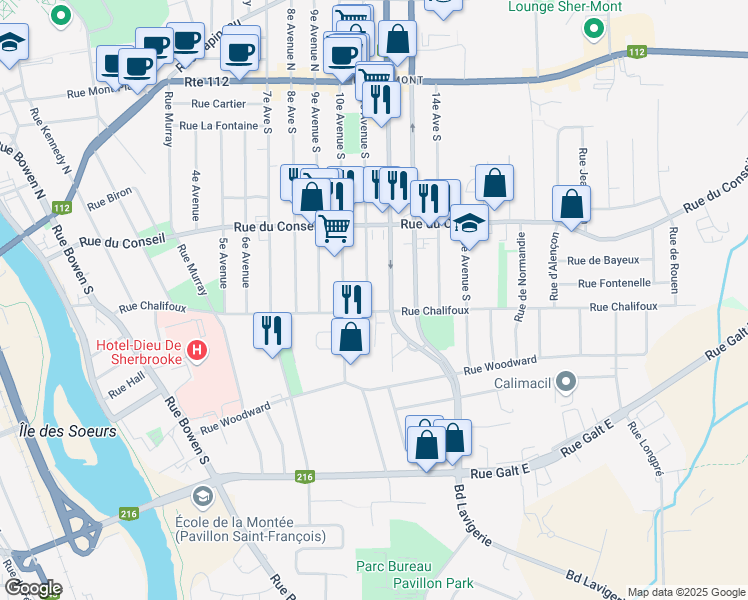 map of restaurants, bars, coffee shops, grocery stores, and more near 424 11e Avenue Sud in Sherbrooke