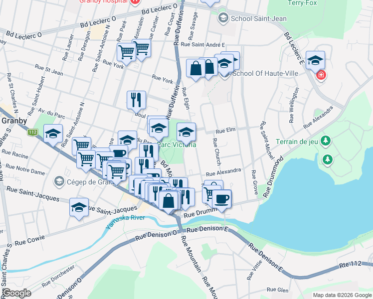map of restaurants, bars, coffee shops, grocery stores, and more near 79 Rue Lorne in Granby