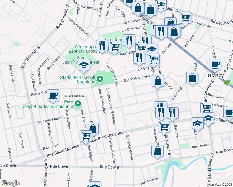 map of restaurants, bars, coffee shops, grocery stores, and more near 60 Rue Saint-Urbain in Granby