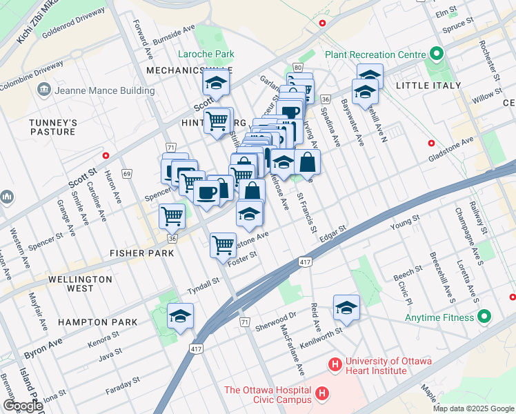 map of restaurants, bars, coffee shops, grocery stores, and more near in Ottawa