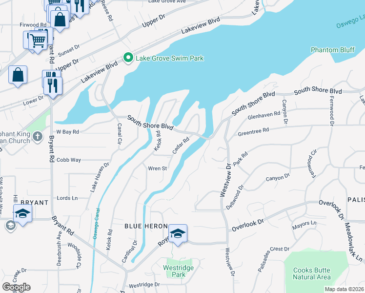 map of restaurants, bars, coffee shops, grocery stores, and more near 17171 Cedar Road in Lake Oswego
