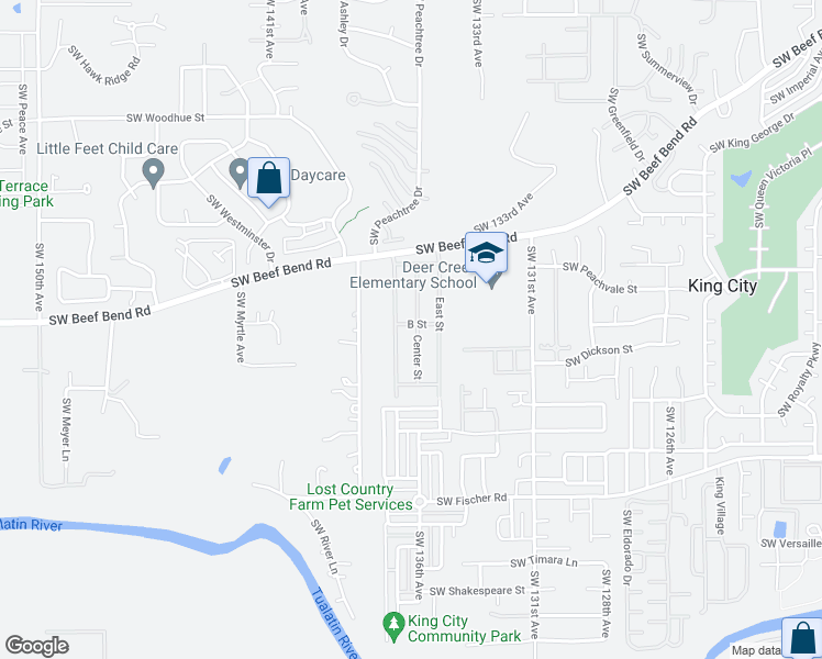 map of restaurants, bars, coffee shops, grocery stores, and more near 13620 Southwest Beef Bend Road in King City